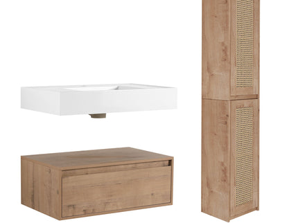 Modern Imitative Wall Mounted Bathroom Vanity With Resin Sink & 2 Side Cabinet, Soft Close Drawer - Imitative Oak