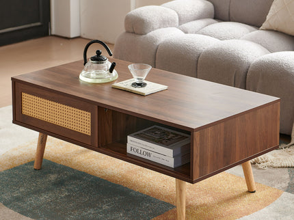 41.34" Rattan Coffee Table, Sliding Door For Storage, Solid Wood Legs, Modern Table For Living Room