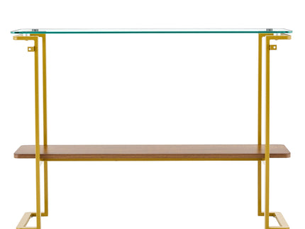 Console Table With Shelf, 2 Tier Living Room - Gold / Walnut