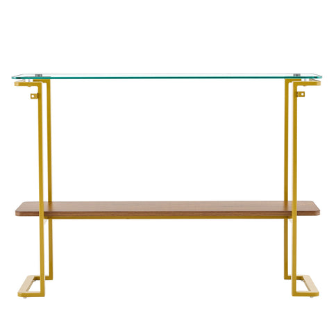 Console Table With Shelf, 2 Tier Living Room - Gold / Walnut
