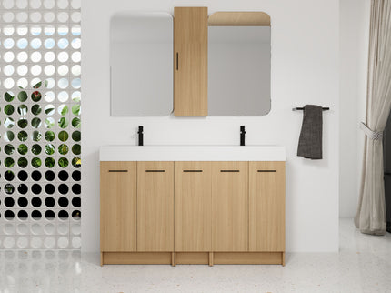 Double Sink Bathroom Vanity Set With Tall Linen Cabinet, Extra Large Storage, Integrated Sink, Freestanding Cabinet - Light Oak / White