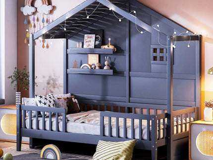 House Bed With Shelves, Window And Sparkling Light Strip On The Roof