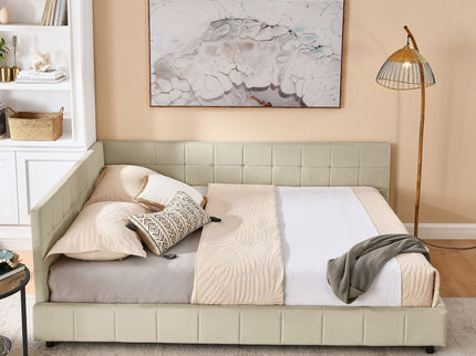 Mid-Century Storage Upholstered Tufted Bed Frame With Backrest And Armrests