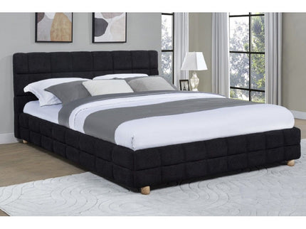 Modern Platform Bed With Upholstered Grid-Patterned Headboard