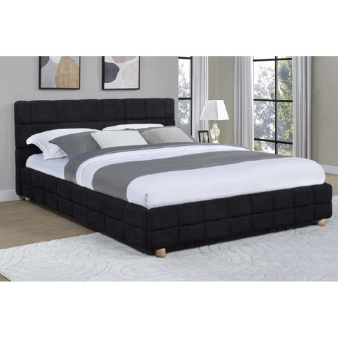 Modern Platform Bed With Upholstered Grid-Patterned Headboard