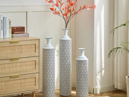 Modern Floor Vase Set Metal Vases With Geometric Pattern, 3 Piece Home Decor Set - White / Black