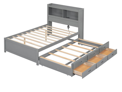 Full Size Platform Bed With Trundle, Drawers, USB Ports And Built In Shelves - Gray