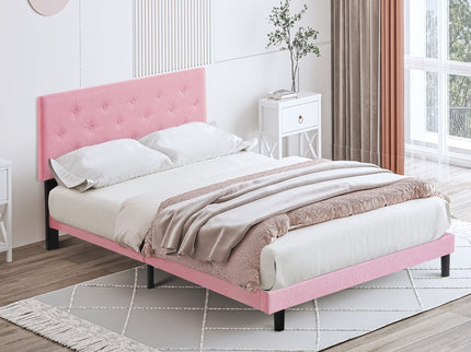 Modern Upholstered Platform Bed Frame With Button Tufted Fabric Headboard
