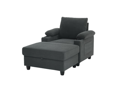 Accent Chair With Storage Ottoman, Reclining Single Chaise Lounge With Cupholders And USB, C Ports