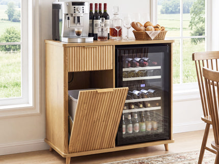 Fluted Coffee Bar Cabinet With Mini Fridge Space & Charging Station - Natural