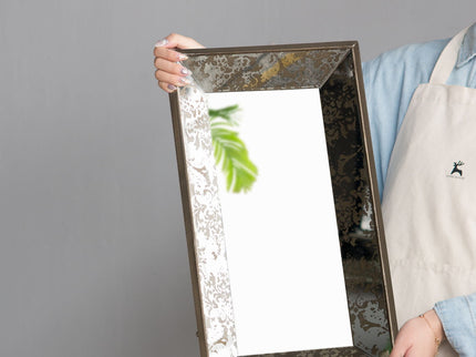Antique Rectangle Mirror With Floral Accents, Mirrored Display Tray, Hanging Wall Mirror