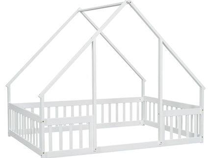 Wood House-Shaped Floor Bed With Fence, Guardrails