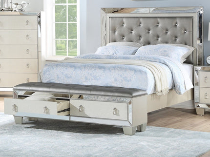 Glamorous Tufted Headboard Bed With Mirror Trim