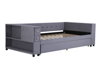 Upholstered Bed With Storage And Twin Trundle, USB Charging Ports