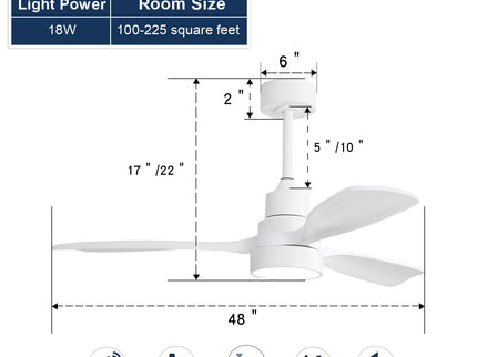48" Ceiling Fan With Dimmable 3Cct LED Light, DC Motor, Reversible - White