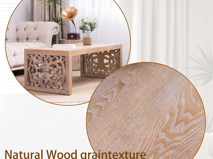Rustic Carved Wood Coffee Table, Handcrafted Look With Ornate Side Panels