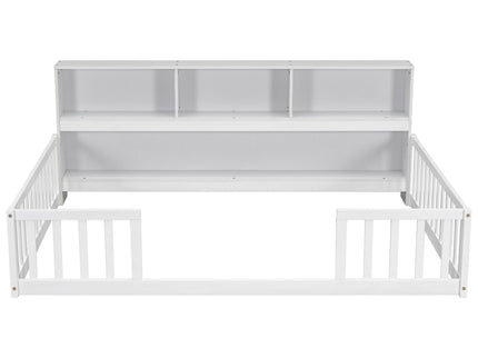 Floor Bed With Side Bookcase, Shelves, Guardrails