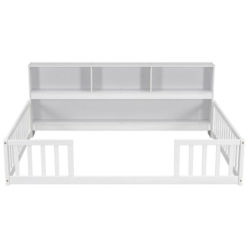 Floor Bed With Side Bookcase, Shelves, Guardrails