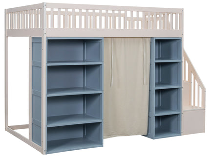 Full Size Loft Bed With 2 Four Layer Storage Cabinets And Curtain With Built In Staircase And Privacy Curtain - White