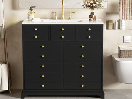 Retro Bathroom Vanity With Sink, Storage Cabinet, Freestanding With 2 Drawers & Soft-Closing Doors