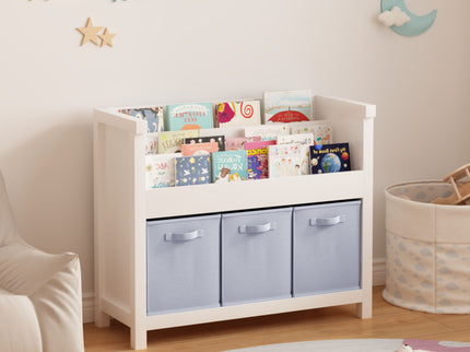 Bookshelf With 3 Tier Front Facing Storage And 3 Bins, Toddler Bookcase For Playroom - White