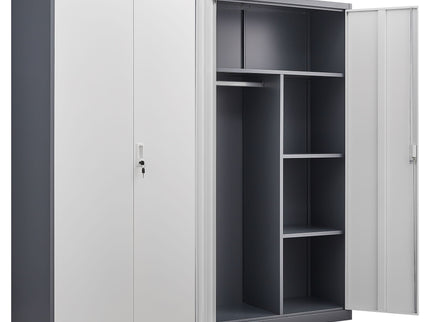 Wardrobe With Hanging Rod And Compartments, Lockable Closet With Locks & Keys For Bedroom - Gray