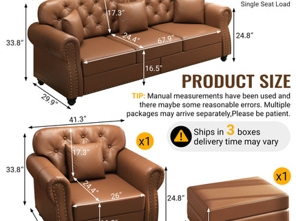 Upholstered Sofa With Nailhead Trim, Rolled Armrests With Ottoman