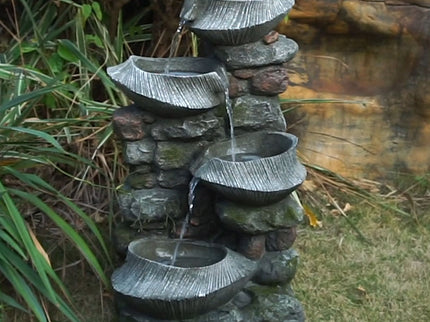 Indoor Outdoor Stone Water Fountain, 4 Tier Polyresin Cascading Rock Bowl Freestanding Fountain With LED Ligh - Gray