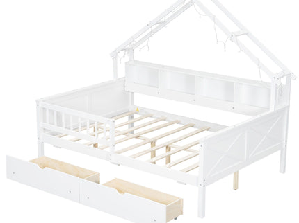 House Style Platform Bed With LED Lights, Storage Shelves, Drawers, And Guardrail