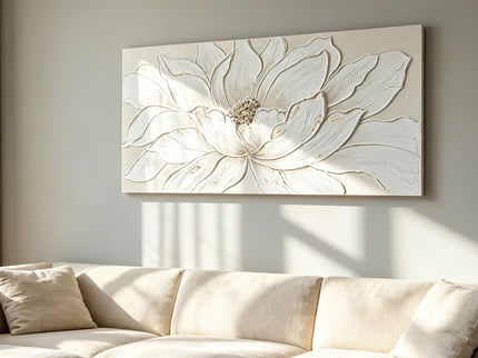 Lotus Flower Canvas Wall Art, Hand Painted Textured Floral Painting - Antique White