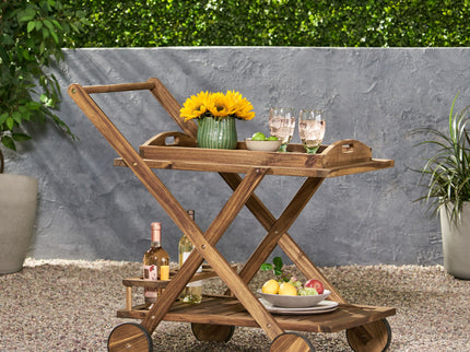Riviera Bar Cart Stained Mobile With Wheels For Entertaining - Natural Stained