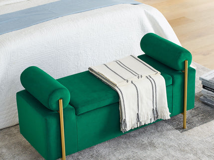 Elegant Upholstered Storage Bench With Cylindrical Arms And Iron Legs,