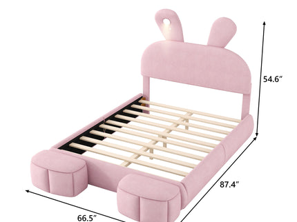Full Upholstered Platform Bed With Cartoon Ears Headboard And LED Light - Pink