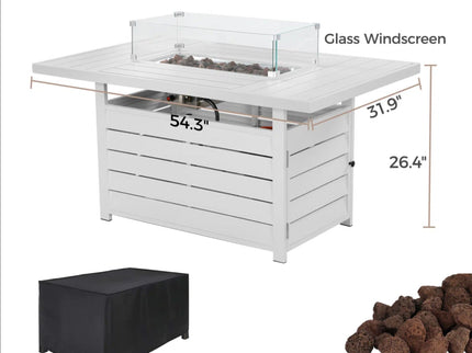 Rectangular Propane Fire Pit Table With Burner, Lava Rock, Waterproof Cover