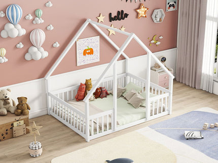 Wood House-Shaped Floor Bed With Fence, Guardrails