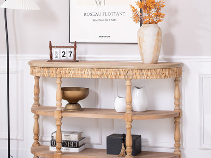 Handcrafted Console Table With Hand Woven Trim, 3 Tier Storage Shelves - Natural
