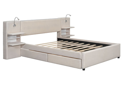 Upholstered Platform Bed With Reading Lights, Drawers, Trundle And Shelves