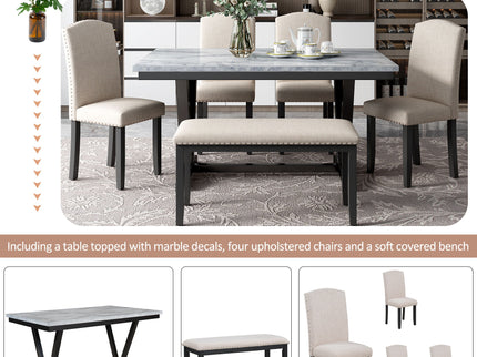 6 Piece Dining Table Modern Style With 4 Chairs & 1 Bench, Table With Marbled Veneers Tabletop And V-Shaped Table Legs - White