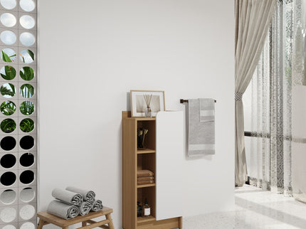 Freestanding Bathroom Side Cabinet, Narrow Storage Cabinet With Single Door & 3 Tier Open Shelves - Black / Light Oak / White