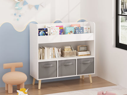 Bookshelf With 3 Bins, Storage Shelf For Toys And Books - White