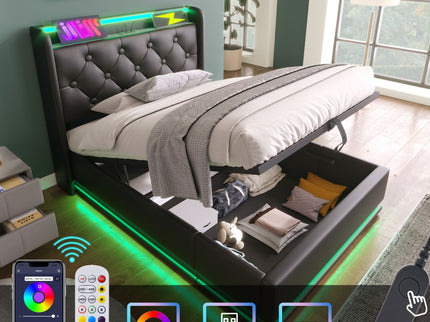 Upholstered Bed, 360 Surround LED Function, Remote Control, Hydraulic Storage Bed With USB, Type-C Charging (Without Mattress)