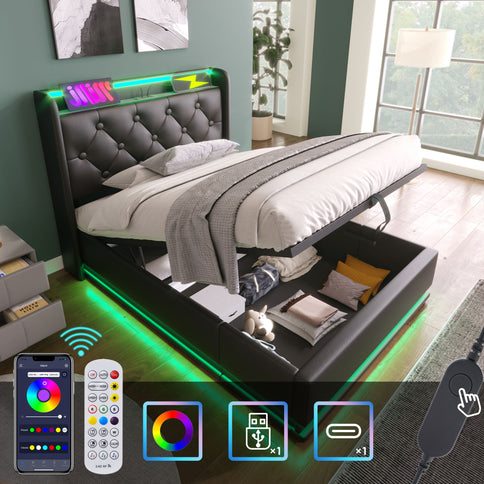 Upholstered Bed, 360 Surround LED Function, Remote Control, Hydraulic Storage Bed With USB, Type-C Charging (Without Mattress)