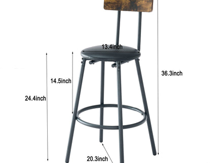Rustic Brown Round Bar Table And Stool Set With Shelf, Upholstered Stool With Backrest - Antique Brown