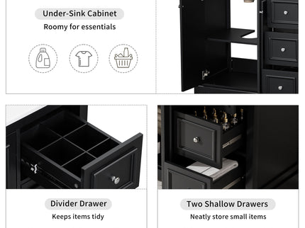 Bathroom Vanity With Sink, Soft-Close Doors, Adjustable U-Shelf, 3 Drawers