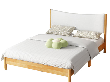Queen Size Rubber Wooden, Solid Wooden Bed With Teddy Velvet Cushion Upholstered Headboard, Enhanced By Support Feet - Natural