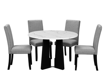5 Piece Round Dining Table Set, Dining Table And 4 Upholstered Chairs For Dining Room, Kitchen Room, Living Room - White / Gray