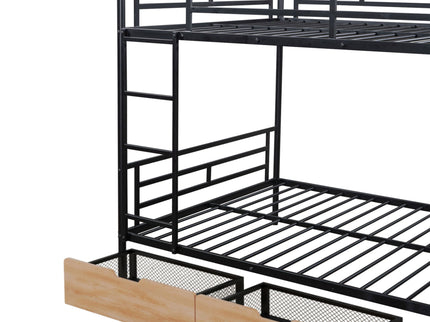 Full Size Bunk Bed With Built In Desk, Light, And 2 Drawers - Black