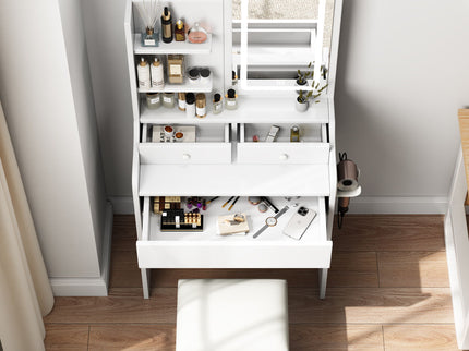 Fashion Vanity Desk With Mirror And Lights For Makeup, Hair Dryer Holder And Chair, Adjustable Lighting - White