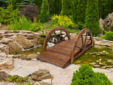 Wooden Garden Bridge Arc Footbridge With Half Wheel Railings Solid Fi - Brown