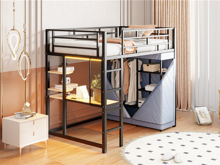 Loft Bed With Desk, Shelves, Power Outlet, LED Light And Wardrobe